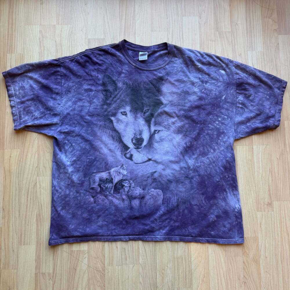 Gildan Heavy Cotton Purple Tie-Dye Wolf Graphic T-Shirt Y2K
